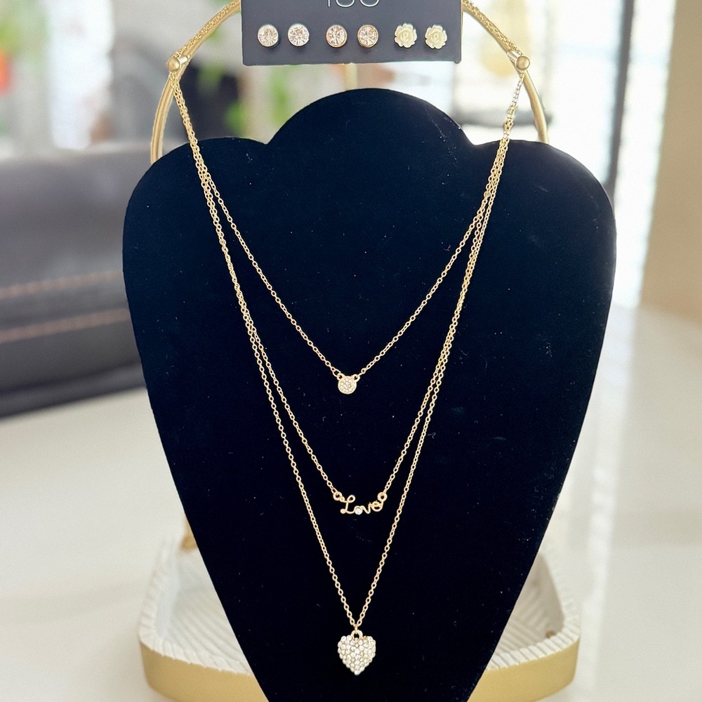 7 pcs Rhinestone Earrings and Gold Layered Necklace Set